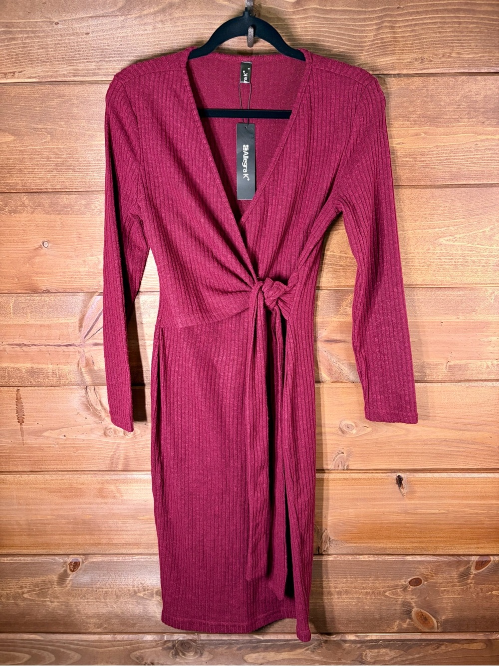 Allegra K Ribbed Wrap Top Soft Mini Dress in Burgundy Wine Size Small 💕🌸